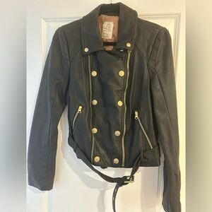 Free People Double-Breasted Faux Leather Black Jacket with Gold Hardware